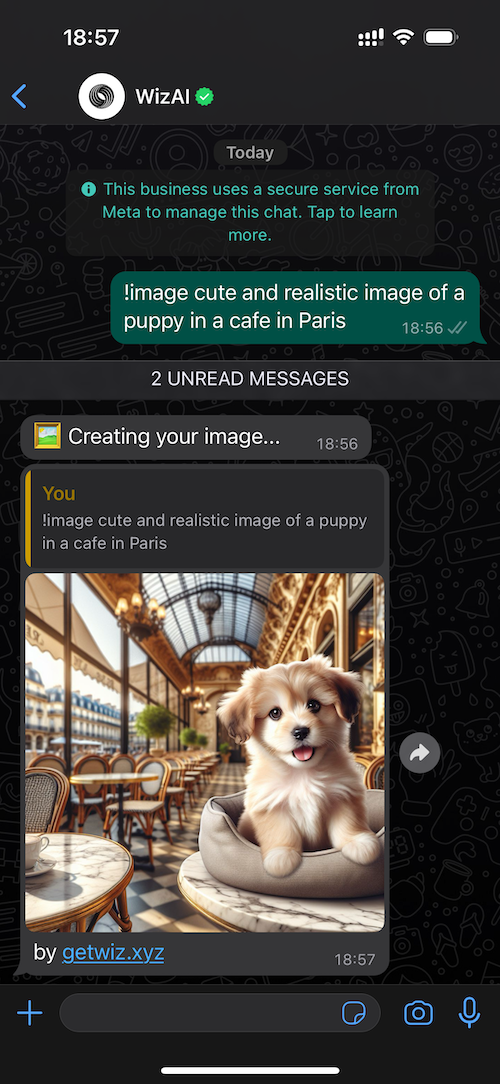 Cute and realistic image of a puppy in a cafe in Paris